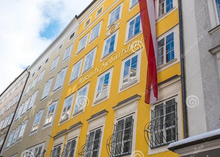 Mozart Birthplace Mozart Birthplace in Salzburg Austria Flag Winter Season Snow ... photo